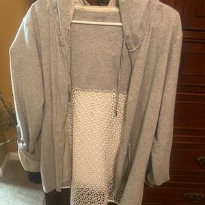 Cute sweatshirt material jacket with hood, gray and white lace